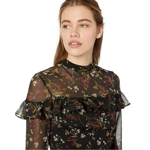 BB Dakota Dress 8 NWT Jasmine Vine Printed Crinkle Floral Black Ruffle Sheer - Picture 4 of 12